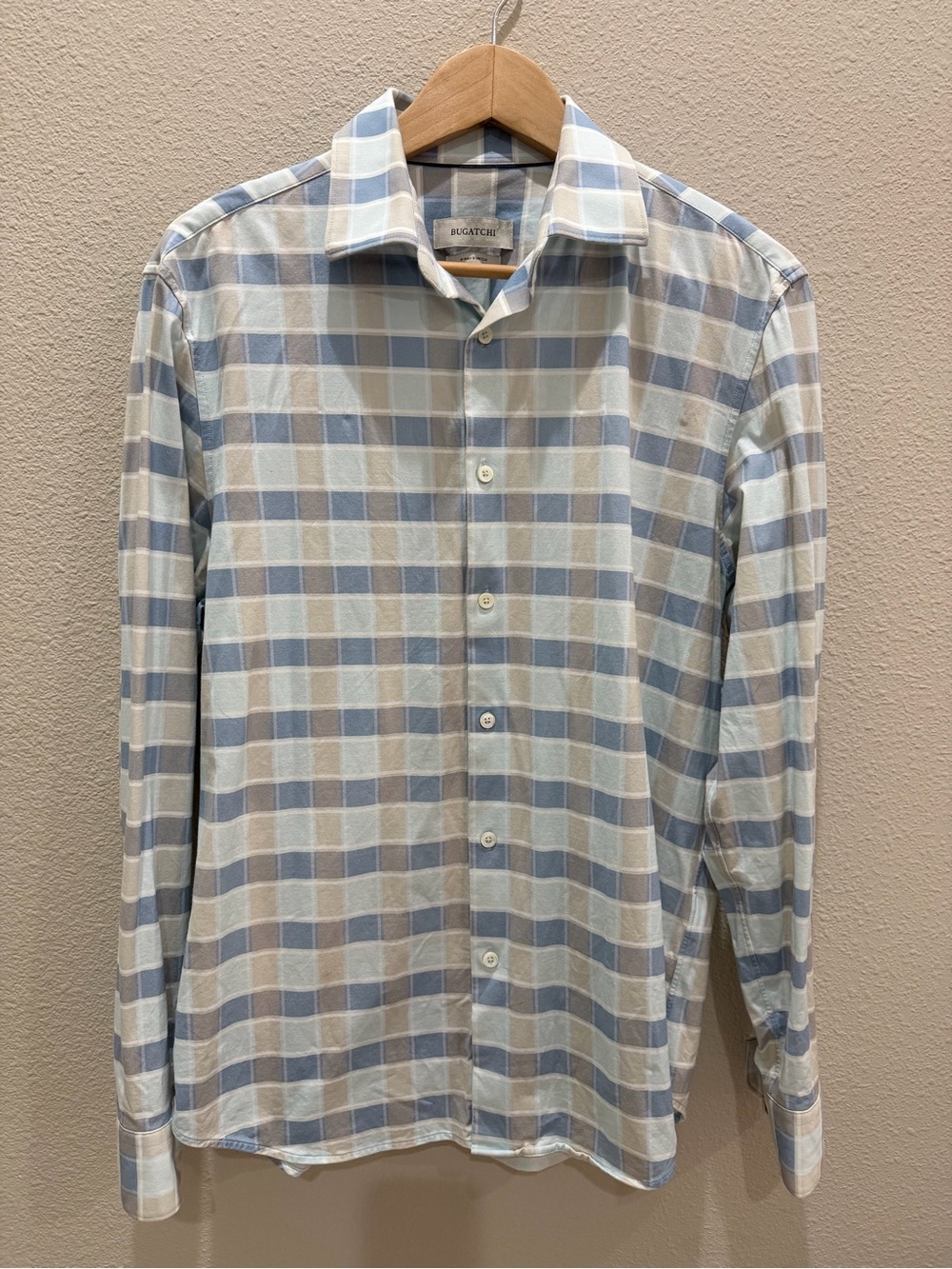 Bugatchi James Checkered OoohCotton Ice Blue Dress Shirt Size M
